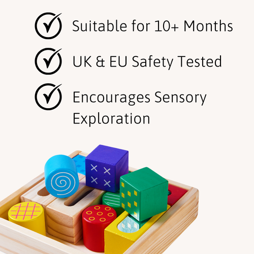 Wooden crate of sensory blocks shown beneath icons highlighting age suitability, UK/EU safety testing, and sensory exploration benefits 