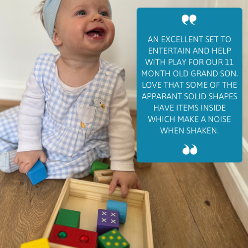 Baby sitting on the floor with a wooden crate of sensory blocks, accompanied by a customer review quote in a blue box 