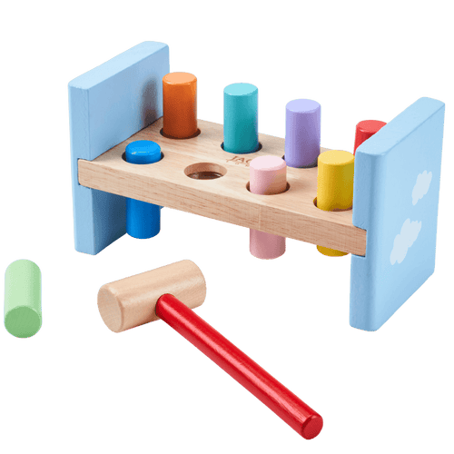 Colorful wooden hammering toy with various cylindrical pegs and a red hammer on a transparent background [fill]