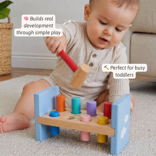 Baby playing with a colourful wooden toy on a carpeted floor.