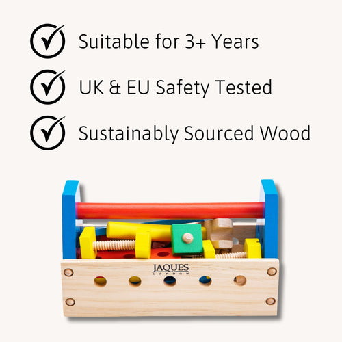 Children's tool kit set featuring safety and educational attributes 