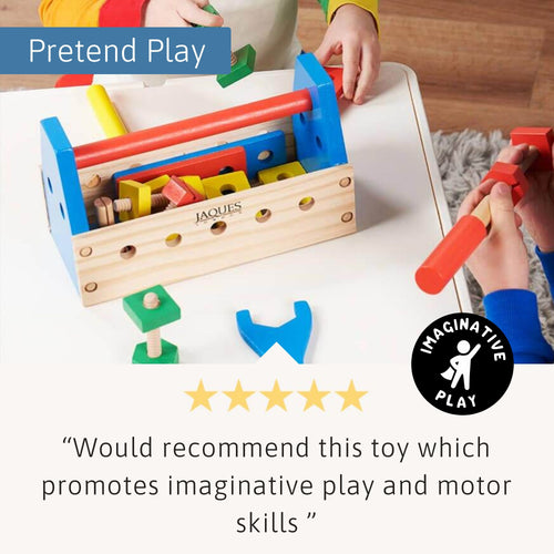 Kids playing with pretend tool kit, featuring a five-star rating and positive review text.