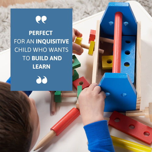 Child playing with the tool kit indoors, with a blue text box containing a quote 