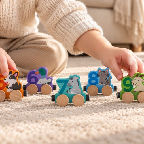 A close-up of a child's hands playing with colorful wooden number and animal toy cars on a beige carpet. The child is wearing a cream knit sweater and beige pants, with a softly blurred sofa in the background.