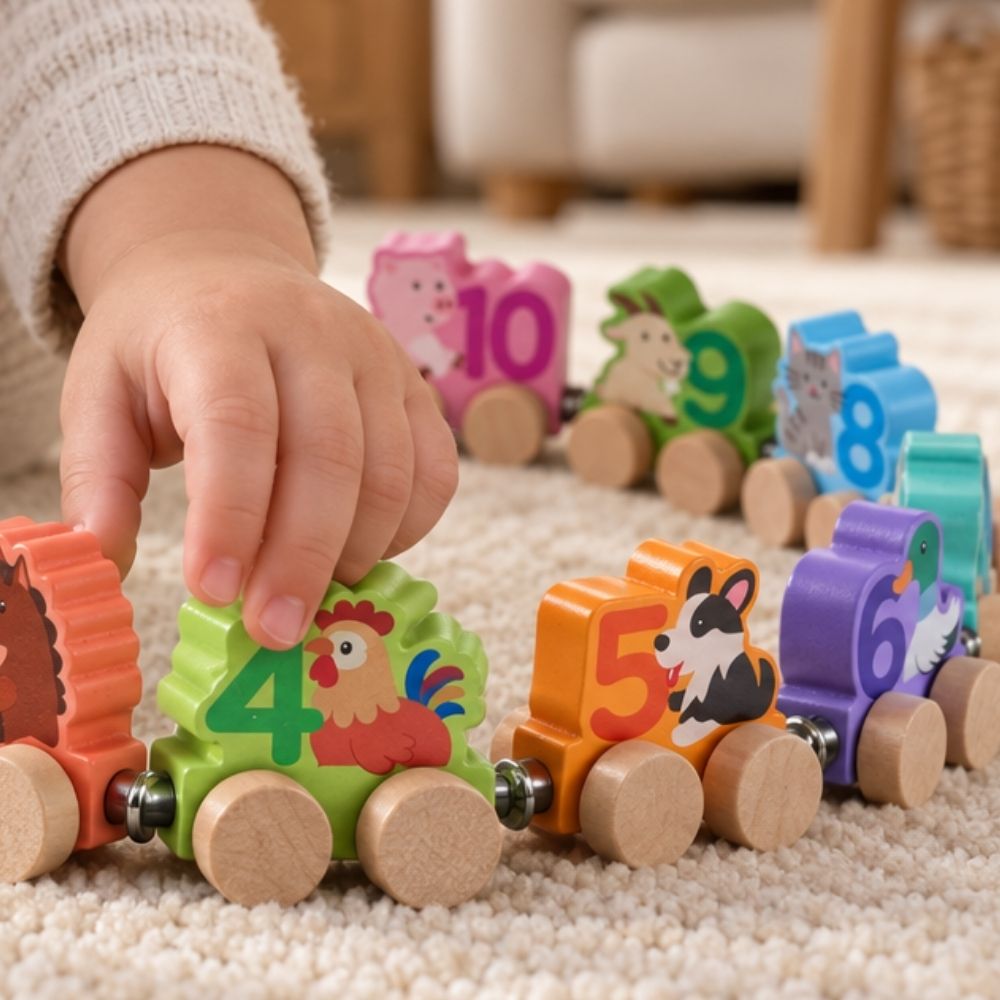 A child's hand pushes a colorful wooden number and animal train toy on a beige carpeted floor. The train includes numbered carriages with animal illustrations such as a chicken, dog, cat, pig, and duck, with a blurred living room background.
