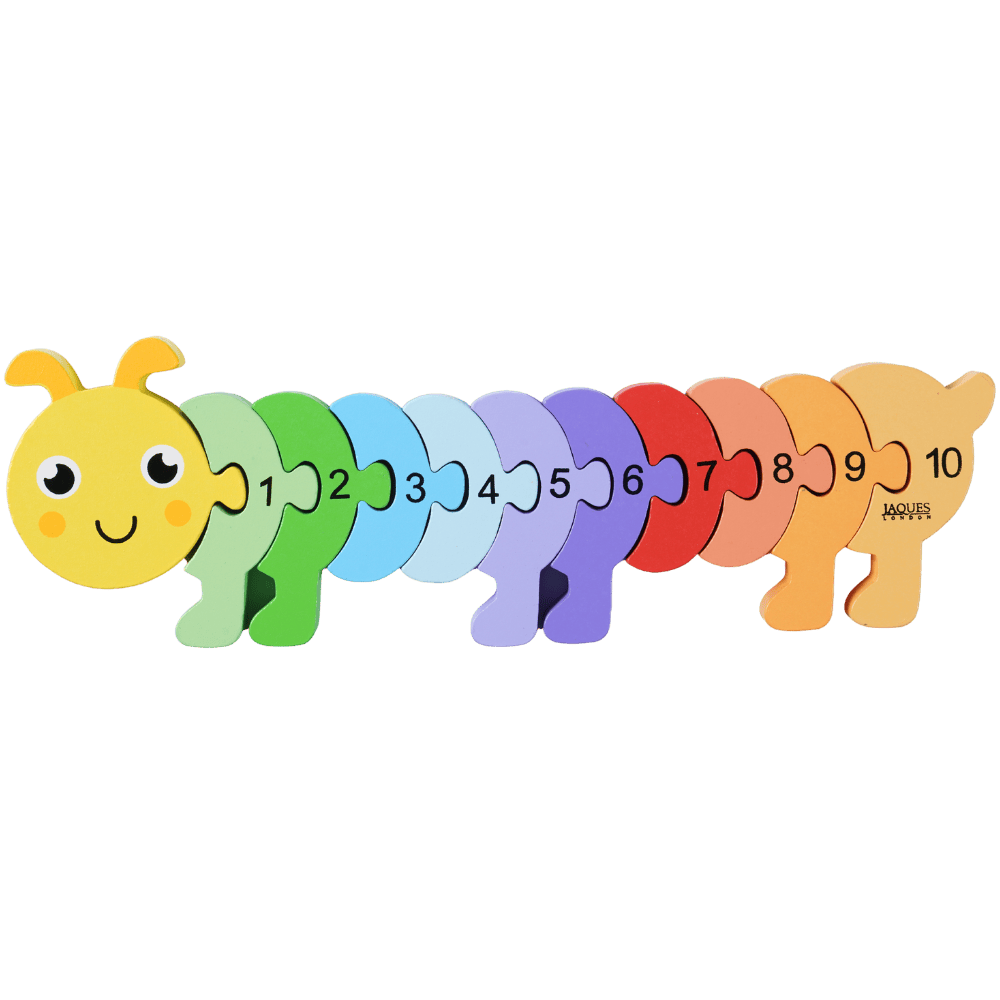 Colourful caterpillar-shaped numbers from 1 to 10 on a green background 