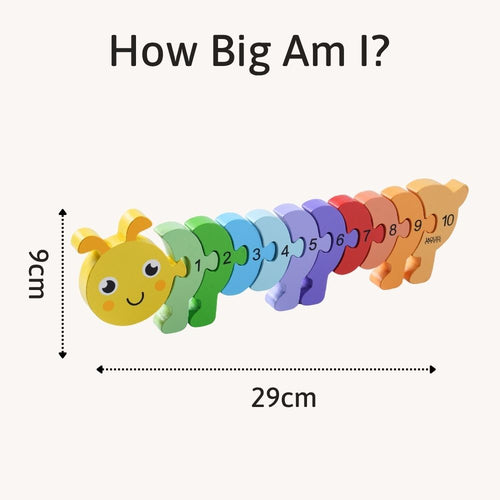 Colourful caterpillar-shaped puzzle with numbers and measurements on a white background 