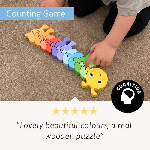 Colourful wooden puzzle toy with a child's hand interacting with it on a carpeted floor. 