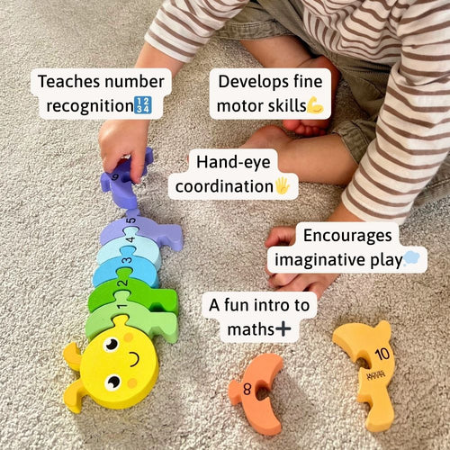 Child playing with a colourful number sorting toy on a carpeted floor. 
