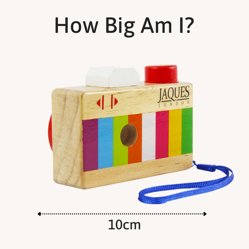 Colourful wooden toy with Jaques London branding and measurement details on a white background 