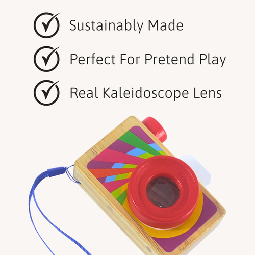 Colourful toy camera with text highlighting sustainability, pretend play, and real kaleidoscope lens.