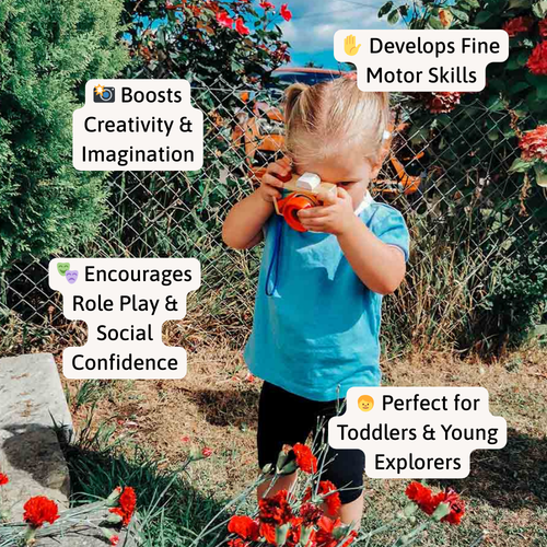 Child playing with a toy in a garden with text about its benefits