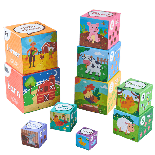 Set of colourful children's learning blocks with farm animals and numbers on a transparent background [fill]