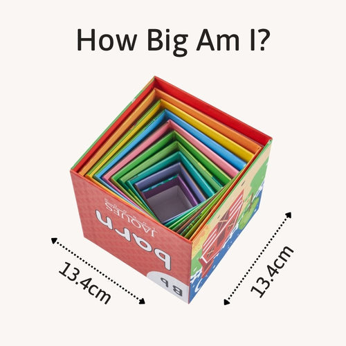 Set of colourful stacking cubes shown nested together inside the largest cube to demonstrate overall size. 