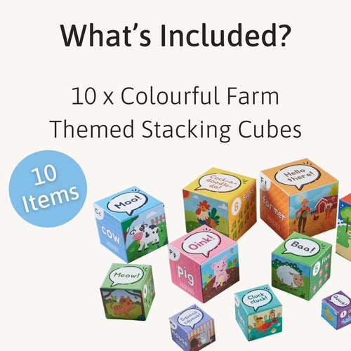 Ten illustrated cardboard stacking cubes displayed together, showing different sizes and designs. 