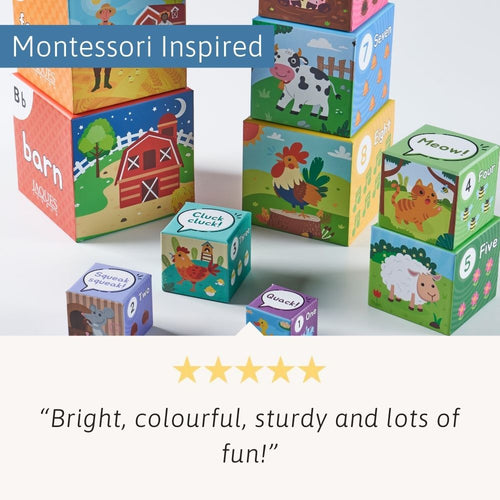 Brightly coloured stacking cubes arranged on a shelf, showing playful illustrations and educational themes. 