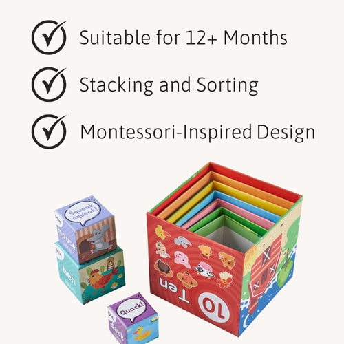 Icons highlighting features of the stacking cubes, including suitability from 12 months, stackable design, and modern illustrated patterns. 