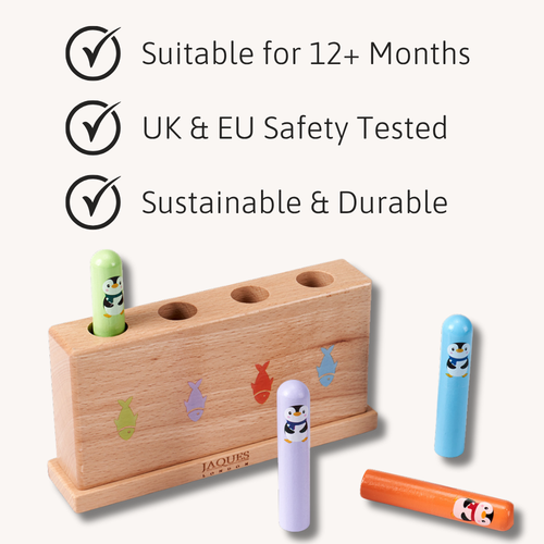 Wooden toy with colorful cylindrical pieces on a white background, featuring text about safety and durability.  