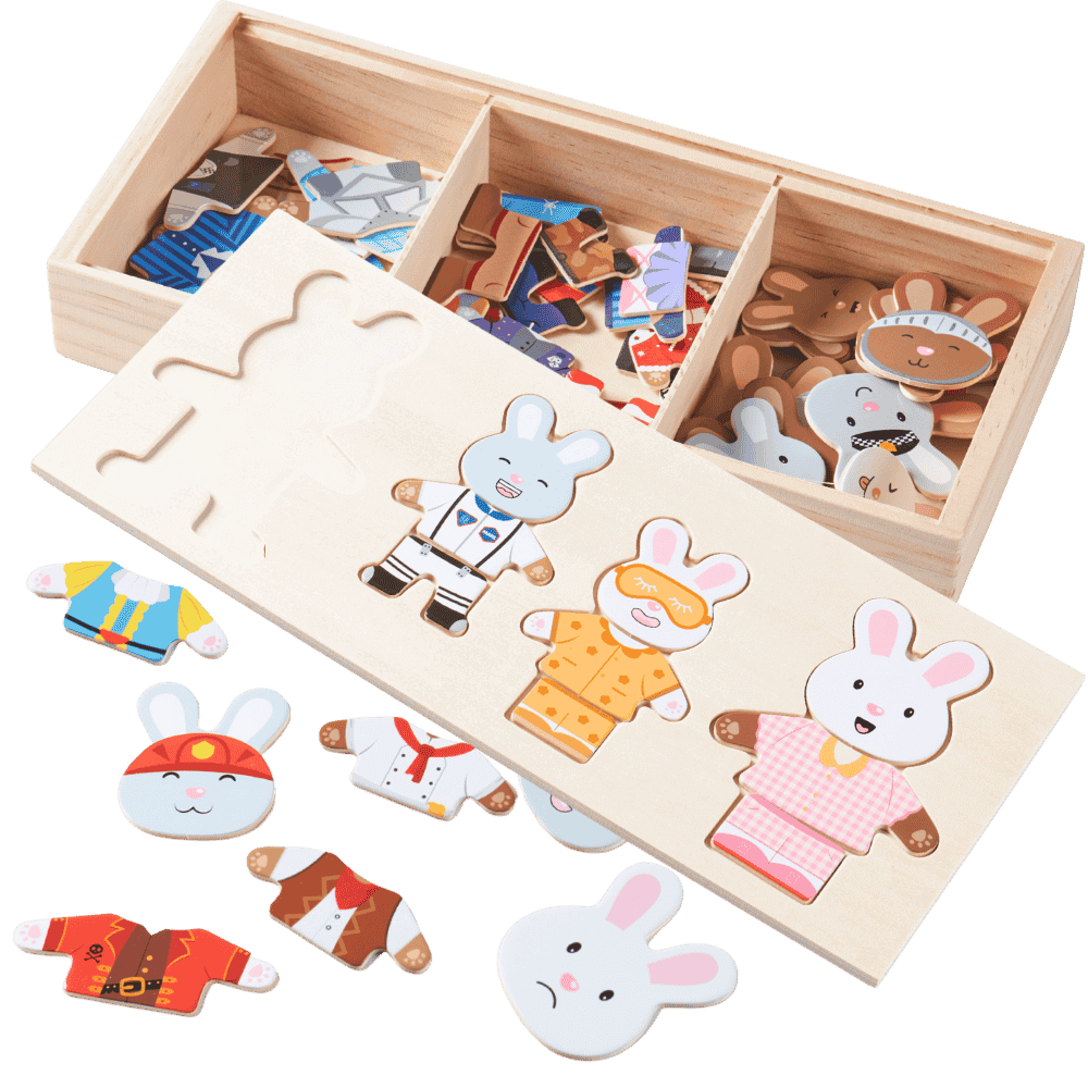 Wooden puzzle with rabbit figures and clothing pieces in a box 