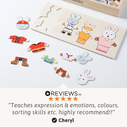 Children's educational toy with character and clothing pieces on a white background, featuring a five-star review from Cheryl.