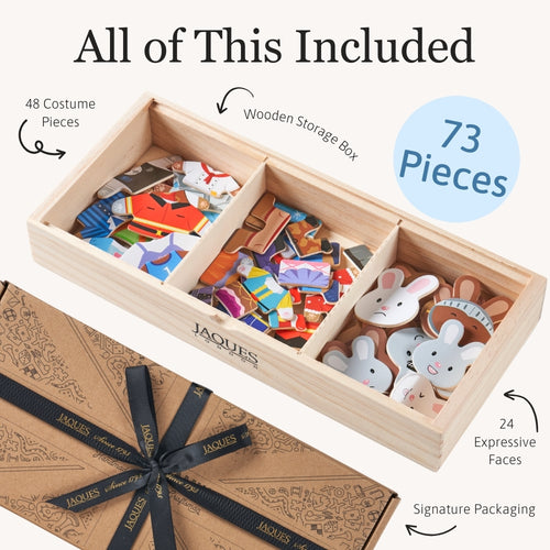 Wooden toy set with costume pieces, storage box, and expressive faces in a Jaques branded box.