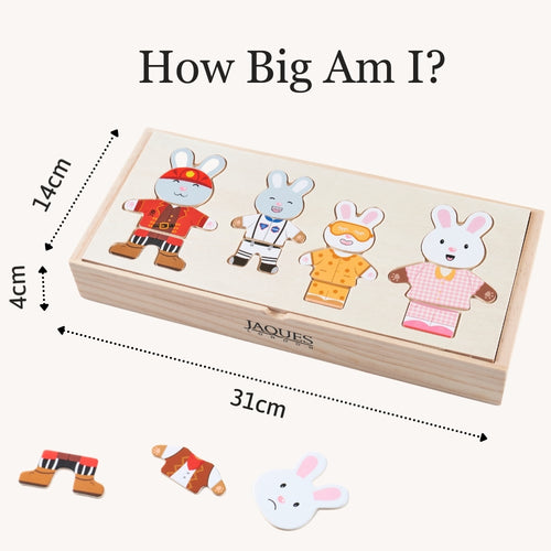 Wooden puzzle with cartoon rabbits and measurement details on a white background