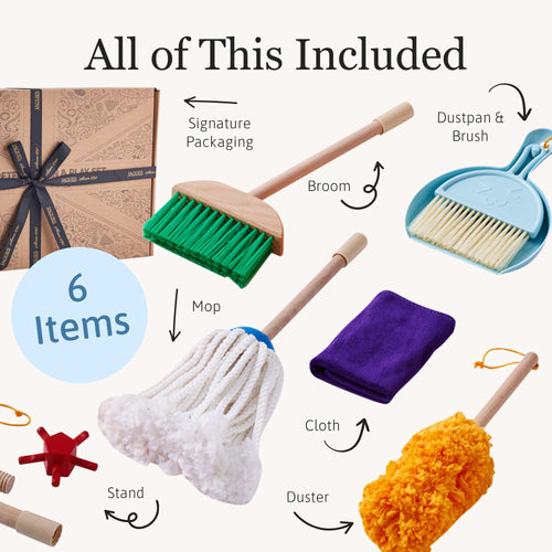 Cleaning supplies including a broom, dustpan, mop, cloth, and duster with packaging on a white background.
