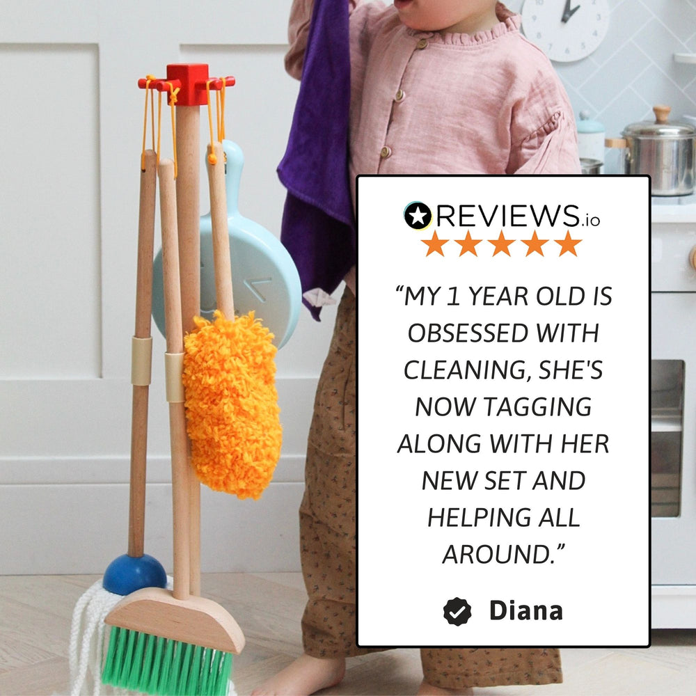 Child with toy broom and dustpan set, standing next to a five-star review card.