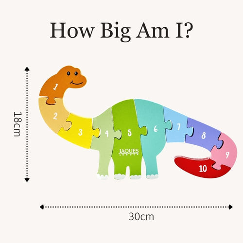 Colourful dinosaur-shaped puzzle with numbers on a white background. 