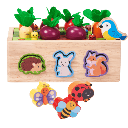 Wooden garden shape sorter with animal shape slots, vegetables and insect pieces displayed on a black background [fill]