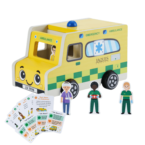 Wooden ambulance toy with opening doors, four wooden emergency workers and accessories for imaginative play. [fill]