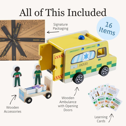 Wooden ambulance playset including ambulance, four emergency worker figures, accessories and learning cards. 