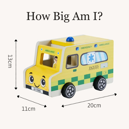Wooden ambulance toy measuring approximately 20 cm long, 11 cm wide and 13 cm tall. 