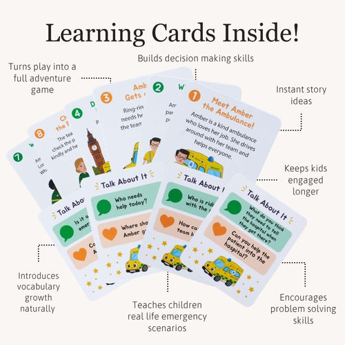 Learning cards included with the wooden ambulance toy, introducing emergency scenarios and encouraging problem-solving. 