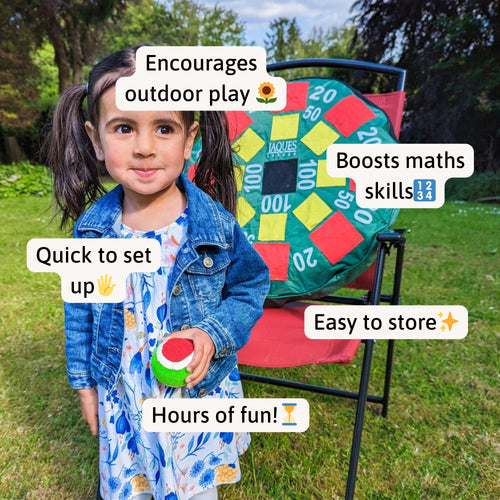 Little girl holding a target ball in front of the colourful target game set up on a chair, with labels saying “Encourages outdoor play,” “Boosts maths skills,” “Quick to set up,” “Easy to store,” and “Hours of fun!” 