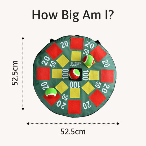 Round green and yellow dartboard-style target with red and yellow scoring zones, showing “How Big Am I?” text and measurements of 52.5cm by 52.5cm. 