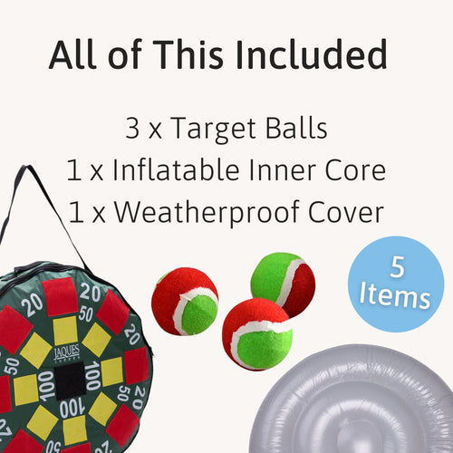 Display of included items for the target ball game — three red and green target balls, one inflatable inner core, and one weatherproof cover — with text reading “All of This Included – 5 Items.” 
