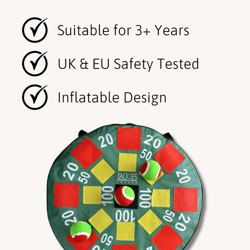 Target ball game with text listing key product benefits: “Suitable for 3+ Years,” “UK & EU Safety Tested,” and “Inflatable Design.” 
