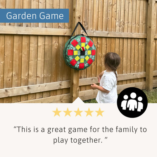 Young child playing with the hanging target ball game on a garden fence, with the text “Garden Game” and a five-star review reading “This is a great game for the family to play together.” 