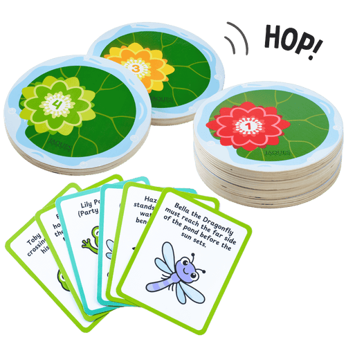 A children's card game set with round lily-pad themed cards and rectangular instruction cards, shown on a clean white background with the word 'HOP!' printed above.