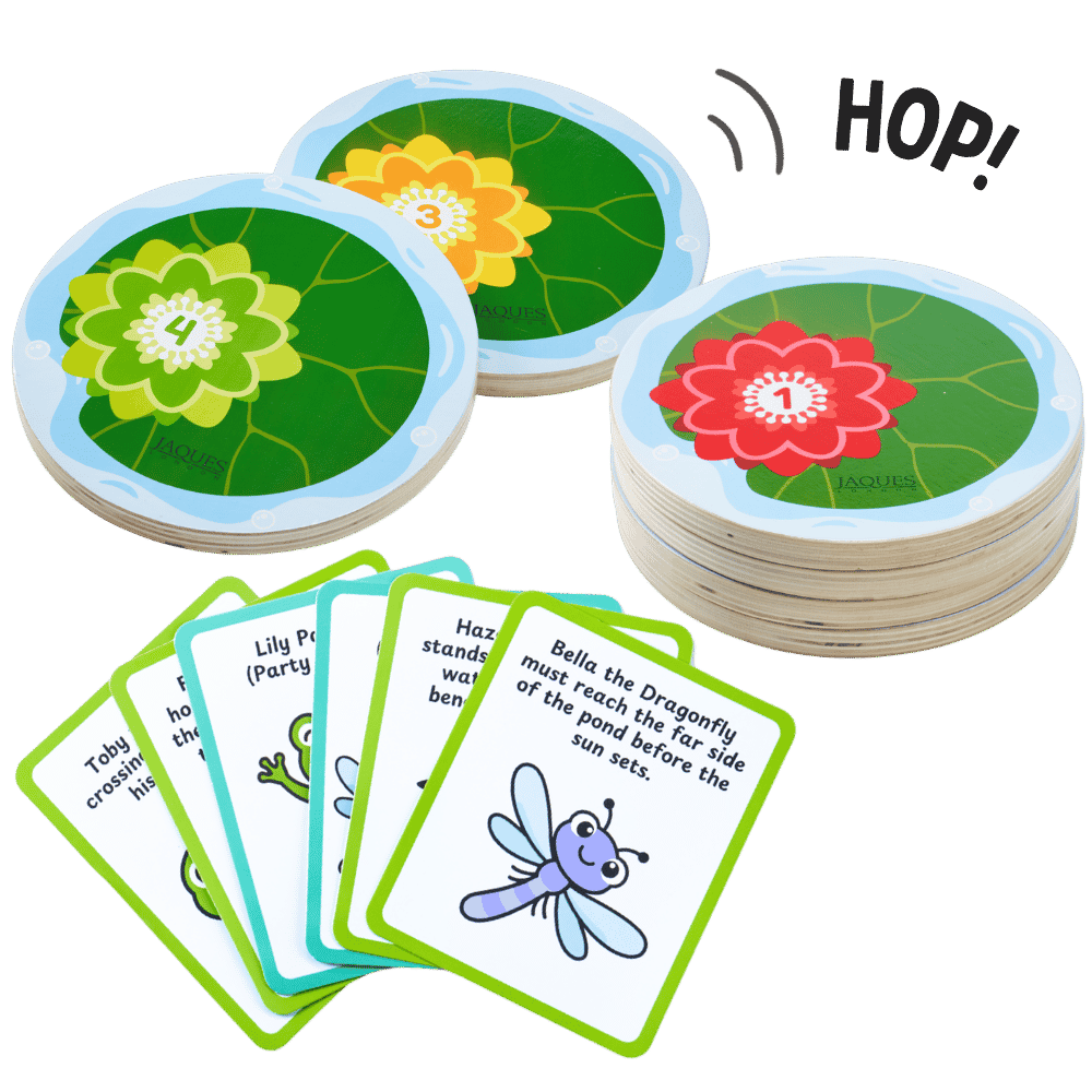 A children's card game set with round lily-pad themed cards and rectangular instruction cards, shown on a clean white background with the word 'HOP!' printed above.