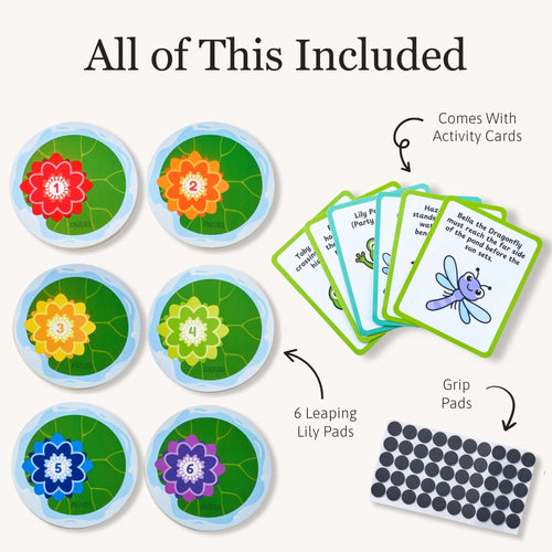 An infographic showing all included items for a children's activity set: six round lily pad pads with numbered flower illustrations, a set of green activity cards with cartoon text and images, and a sheet of black grip pads. The heading reads 'All of This Included' on a light beige background. 