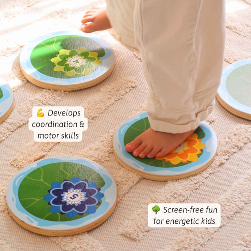 A child's bare foot stepping on a round wooden toy mat with a blue flower and green lily design, with other matching mats visible on a textured beige rug. Text overlays highlight developmental benefits. 