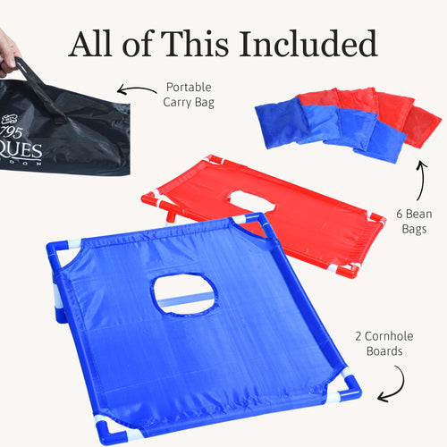 Product graphic highlighting all items included in the cornhole game set. 
