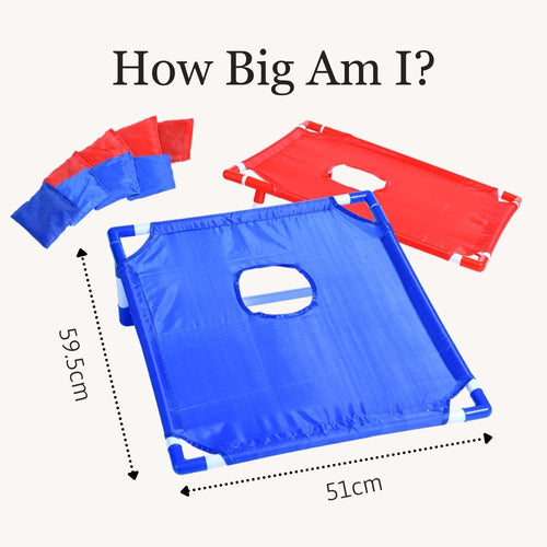 Overview graphic showing everything included in the cornhole game set with boards, bags, and accessories. 