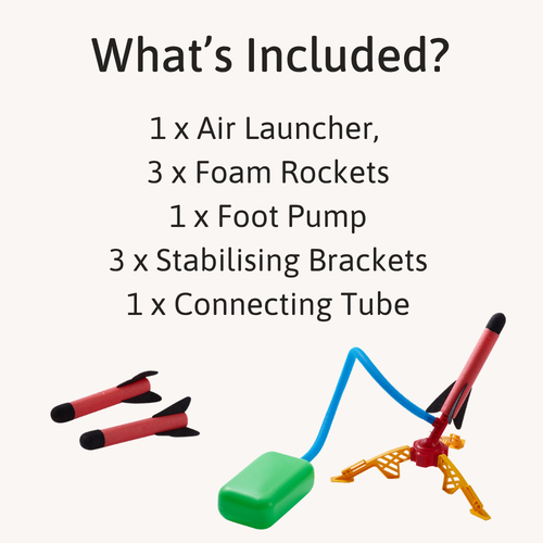 A clear layout showing the Rapid Rocket set contents, including an air launcher, three foam rockets, a foot pump, stabilising brackets, and a connecting tube. 