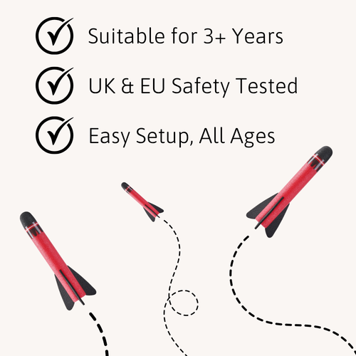 Three foam rockets illustrated with dotted flight paths next to icons listing suitability for ages 3+, UK & EU safety testing, and easy setup for all ages. 