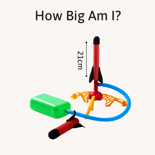 The Rapid Rocket launcher set displayed with measurement indicators showing the rocket height and components including the foot pump and stabilising base. 