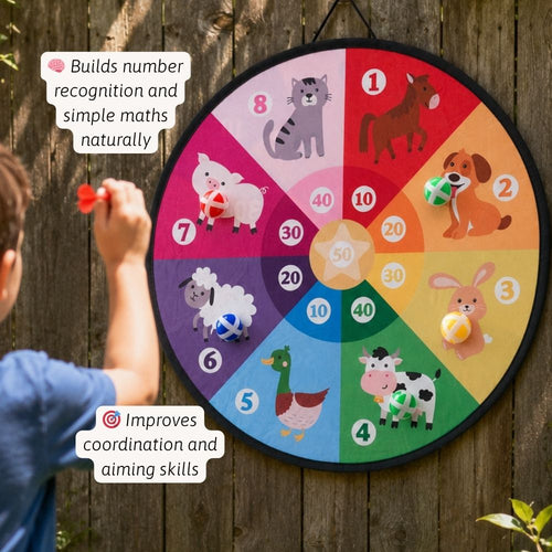 Children's educational dartboard with animals and numbers on a wooden background  