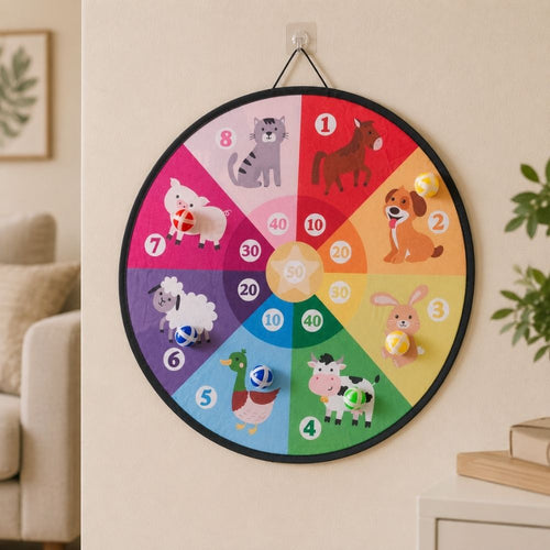 Colourful children's educational chart with farm animals on a wall in a living room.  